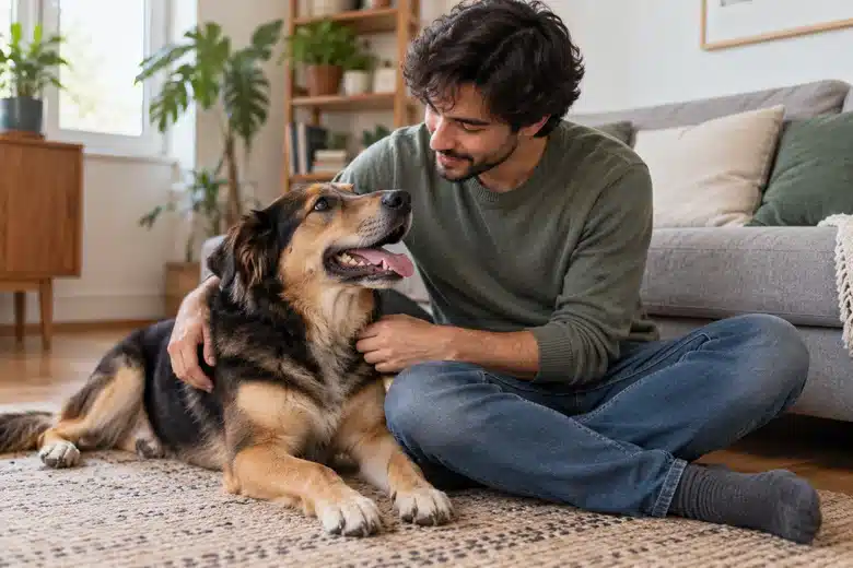 Man sitting on an apartment floor beside his large mixed-breed dog