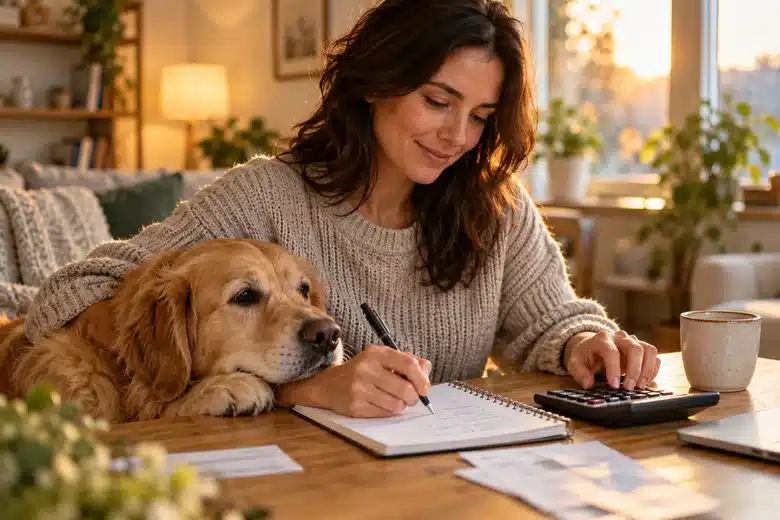 Golden retriever beside owner using a calculator and savings notebook