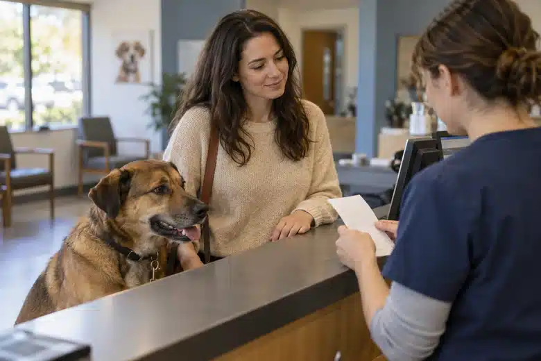 Mixed-breed dog beside its owner at a quiet veterinary checkout desk
