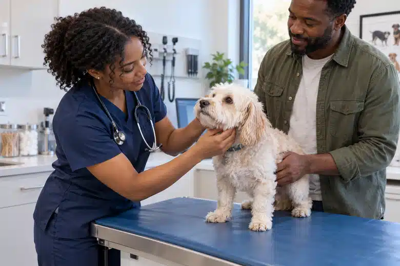 Veterinarian examining a small cream dog on a blue padded table with the owner nearby