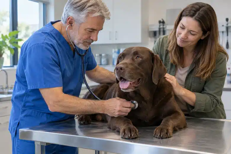 Veterinarian using a stethoscope to examine a calm chocolate Labrador
