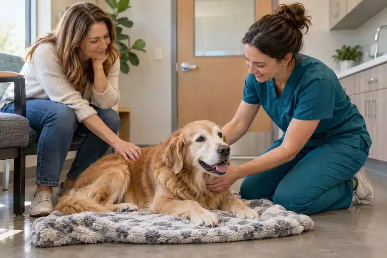 Golden retriever resting on a blanket with an owner and veterinarian in a consultation room