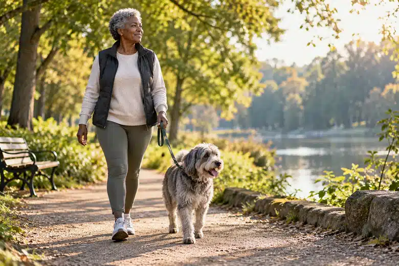 Older owner walking a shaggy dog in a park