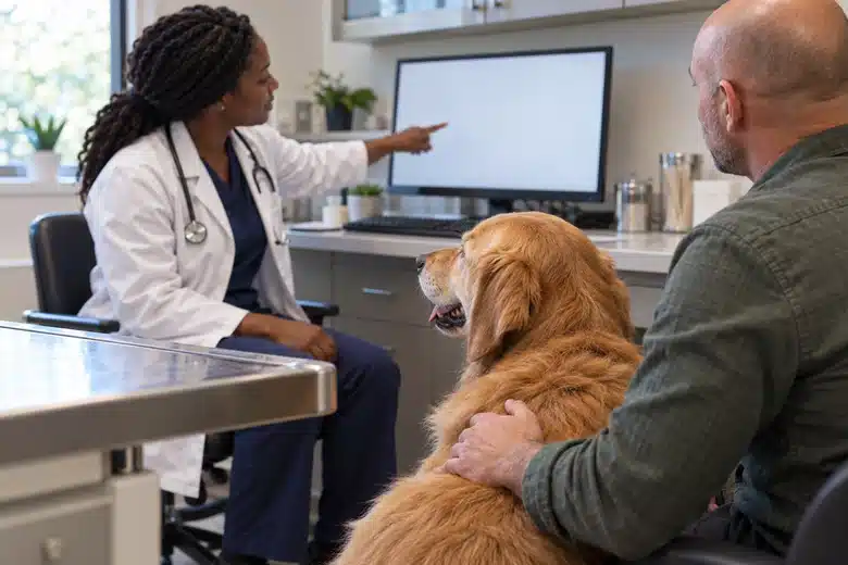 Veterinarian discusses dog care with an owner beside a golden retriever
