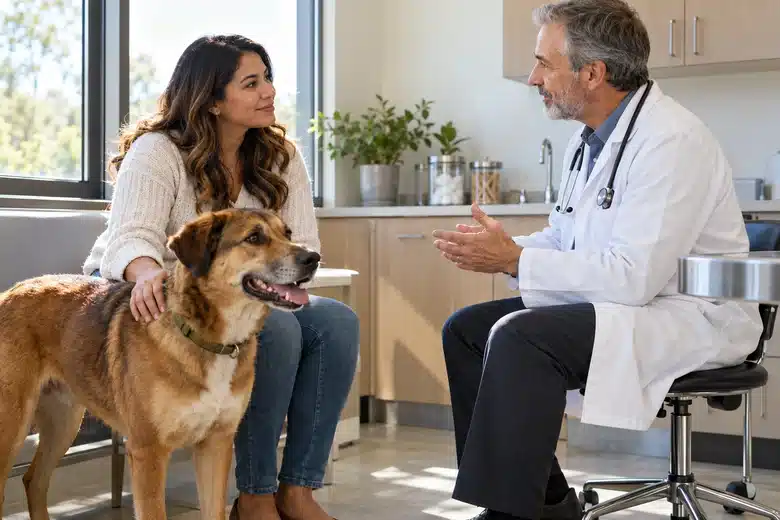Dog owner and veterinarian discussing care beside a brown dog