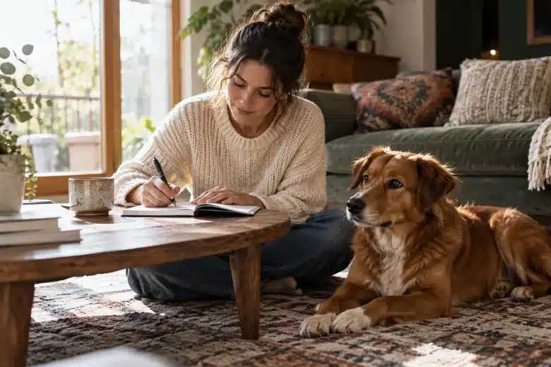 Owner reviewing a plain policy booklet beside a red-coated dog