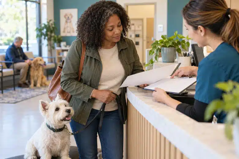 Owner and white terrier at a veterinary reception desk