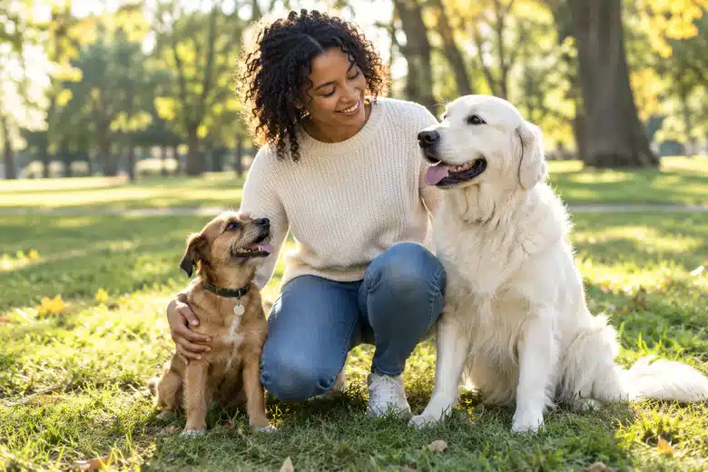Woman kneeling with two differently sized dogs in a sunlit park