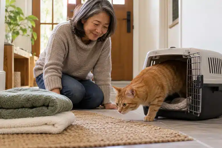 An orange cat explores a carrier beside an older woman in an entryway