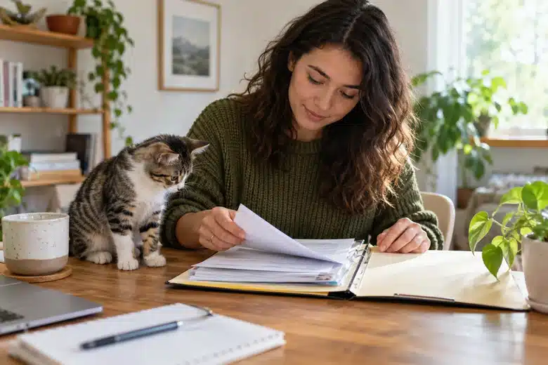 New cat owner organizing adoption papers at a bright desk