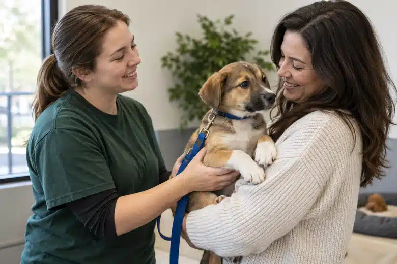 Shelter volunteer handing a mixed-breed puppy to an adult adopter