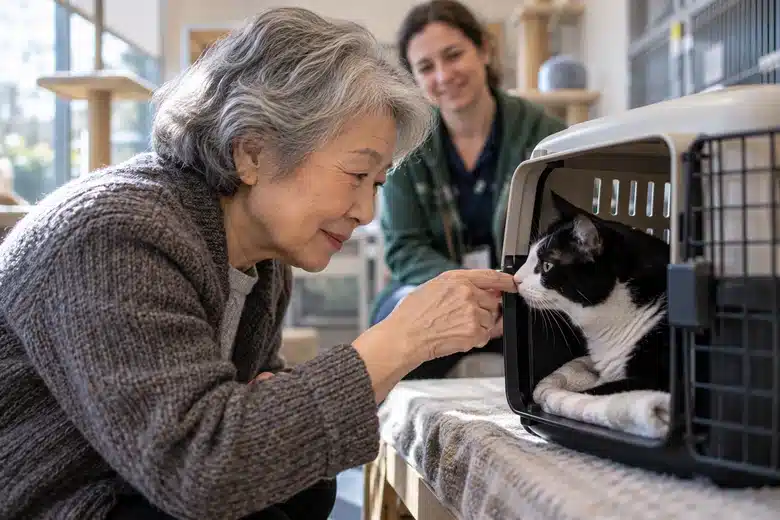 A woman greeting a black-and-white cat in an adoption-room carrier