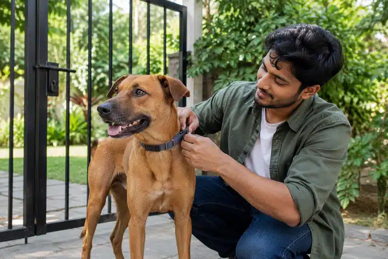 Owner fitting a collar to a dog beside a secure garden gate