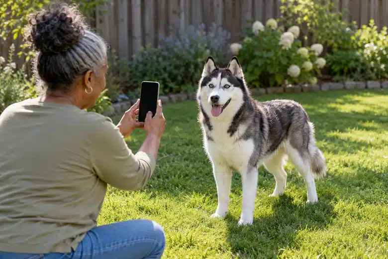 Owner photographing a husky’s identifying appearance