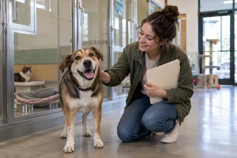 Adoption visitor kneeling beside a mixed-breed dog