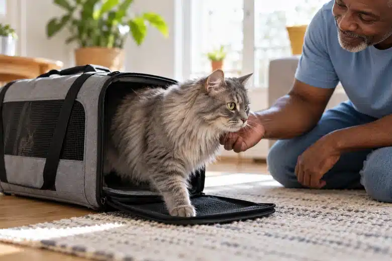 Older man welcoming a longhaired grey cat from a plain unbranded carrier
