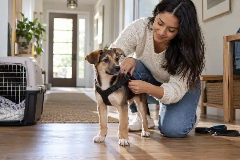 Woman fastening a plain harness on a mixed-breed puppy in a bright hallway