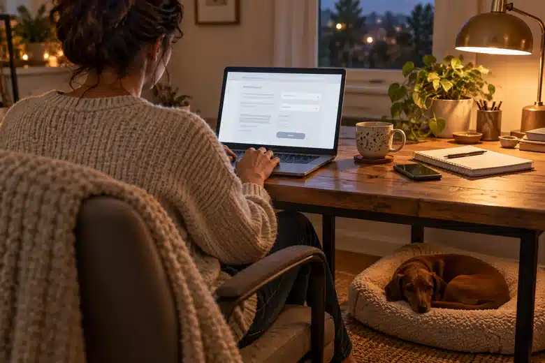 A dachshund rests beneath an owner’s desk during an online comparison