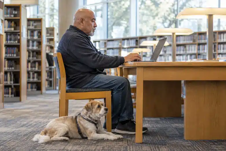 Older dog owner compares information on a laptop with his dog resting nearby
