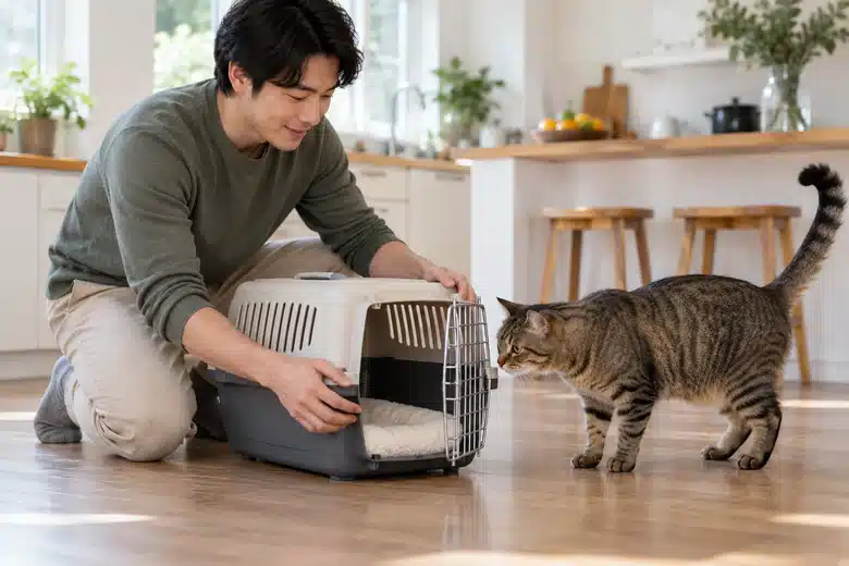 Owner setting an open carrier beside a curious tabby cat at home