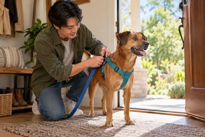 Man fitting a plain teal harness to a brown mixed-breed dog near an open front door