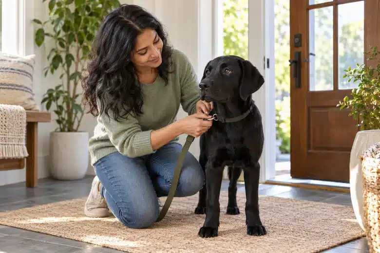 Woman clipping a plain leash to a young black dog in a bright entryway