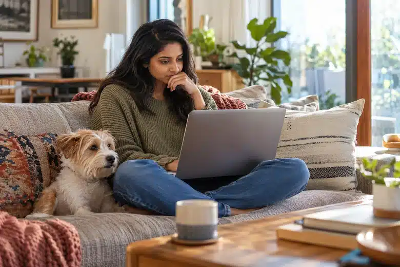 Pet owner considering a quote on a laptop with a terrier beside her