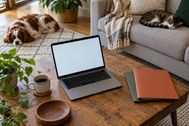 Laptop and separate folders in a living room with a resting dog and cat