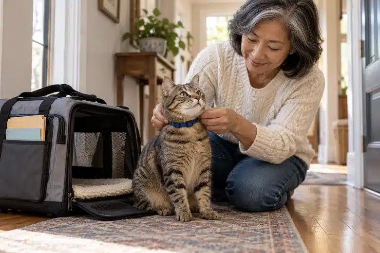 Tabby cat beside an open carrier while its owner prepares to leave home