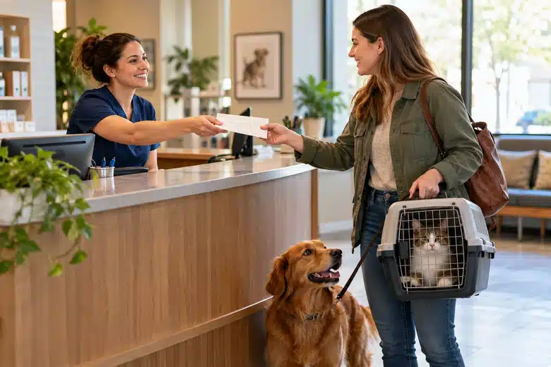 Receptionist handing an envelope to an owner with a dog and cat carrier