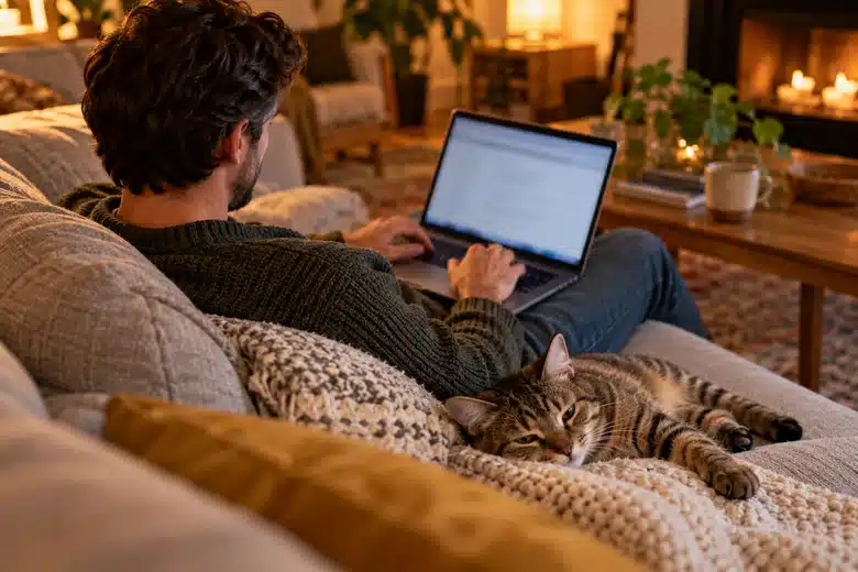Man using a laptop beside a tabby cat on a sofa