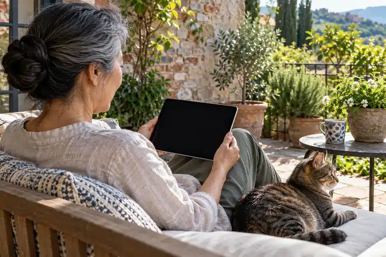 Older woman using a tablet on a garden bench beside a resting tabby cat
