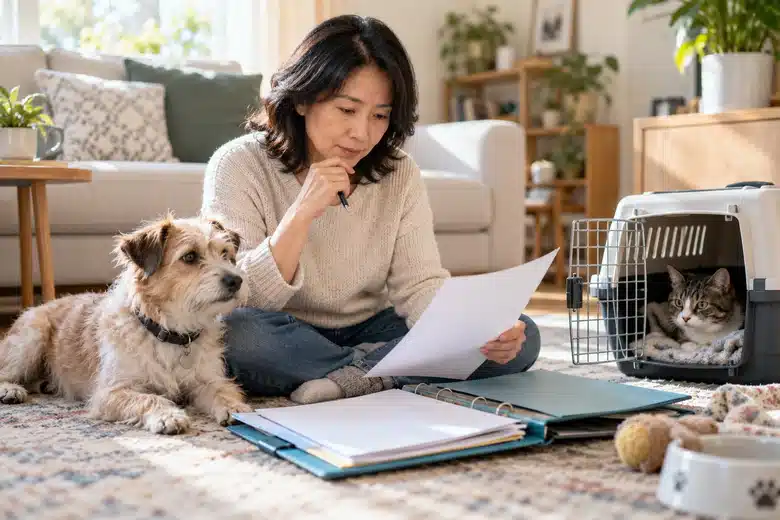 Woman with a terrier, cat carrier and pet records