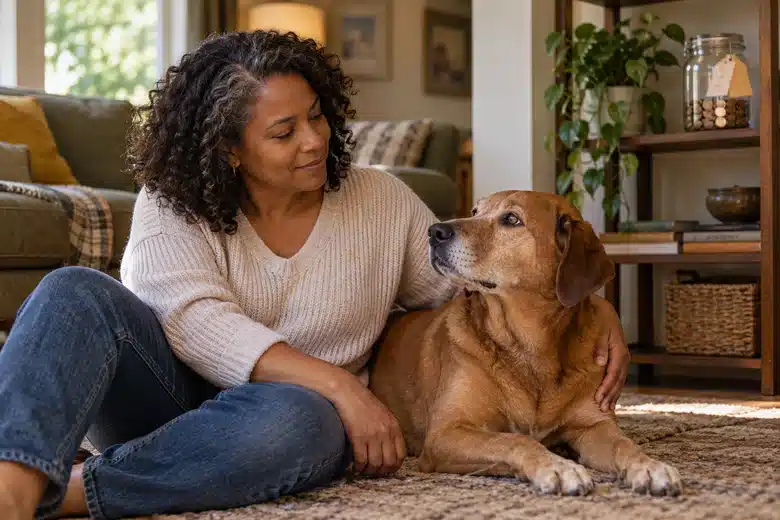 Woman beside her brown dog at home