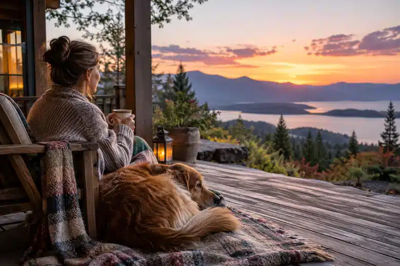 Dog resting beside an owner on a porch at dusk