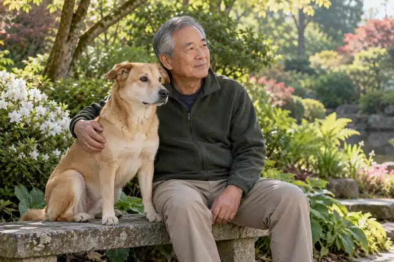 Older man sitting on a garden bench beside a calm tan dog