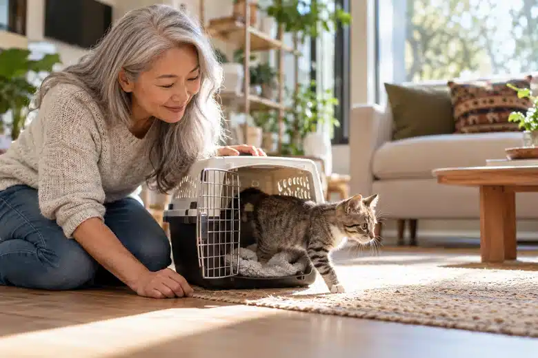 Older owner welcoming a tabby cat from a carrier