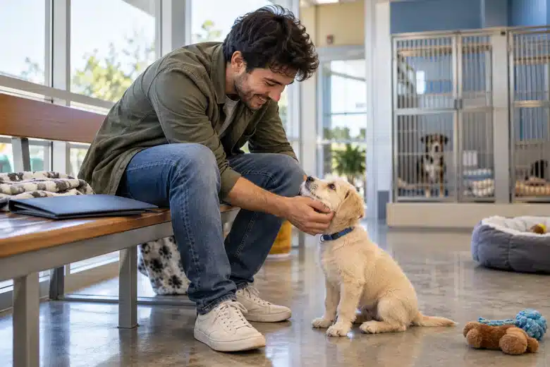Adopter meeting a puppy in a bright shelter room
