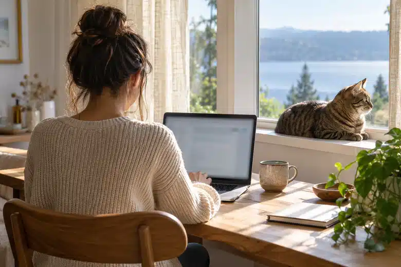 Woman using a laptop at a desk with a tabby cat on the window ledge