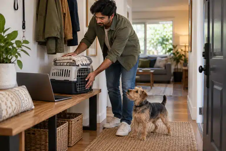 Man arranging a carrier near a laptop with a terrier beside him