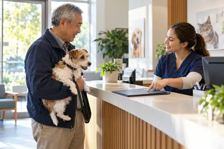 Older dog owner receiving a folder at a veterinary reception