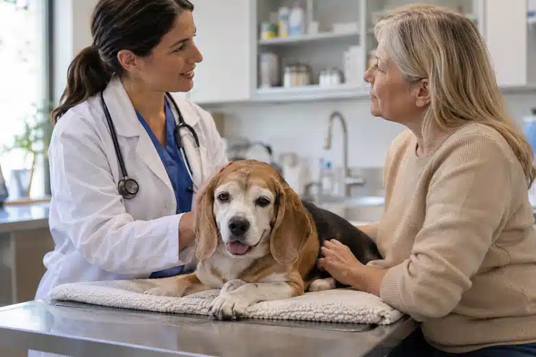 Beagle resting during a veterinary discussion of ongoing care