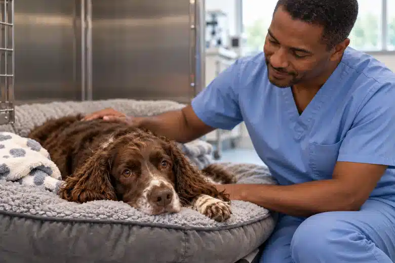 Veterinary professional beside a spaniel resting on a padded recovery bed