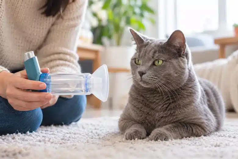 Gray cat resting near a plain inhaler spacer held by an adult