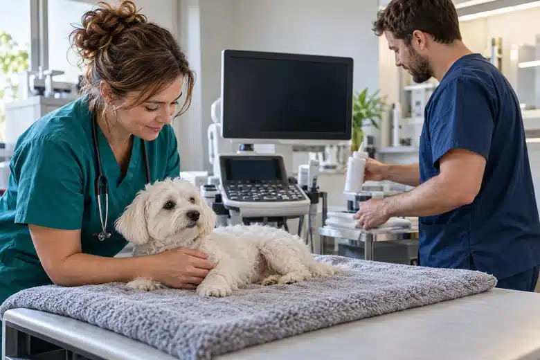 Veterinary team with a small white dog beside ultrasound equipment