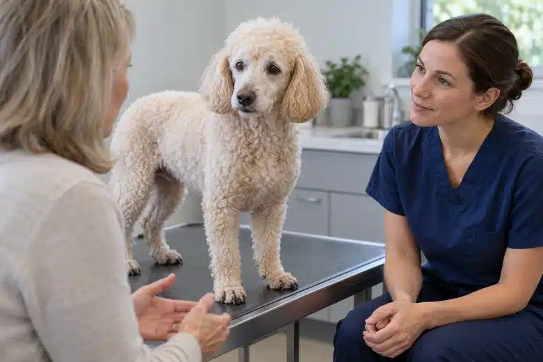Cream poodle on a veterinary table during an owner and veterinarian conversation