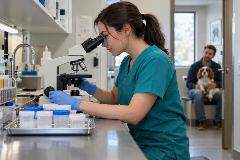 Veterinary technician preparing diagnostic laboratory equipment while a dog waits with its owner