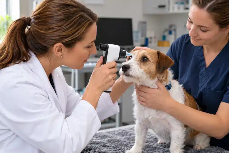 Veterinary team examining a terrier’s eye with an illustrative handheld instrument