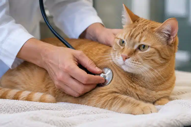 Veterinarian listening to a calm ginger cat’s chest with a plain stethoscope