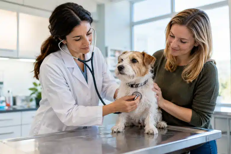 Veterinarian listening to a terrier’s chest during a calm consultation